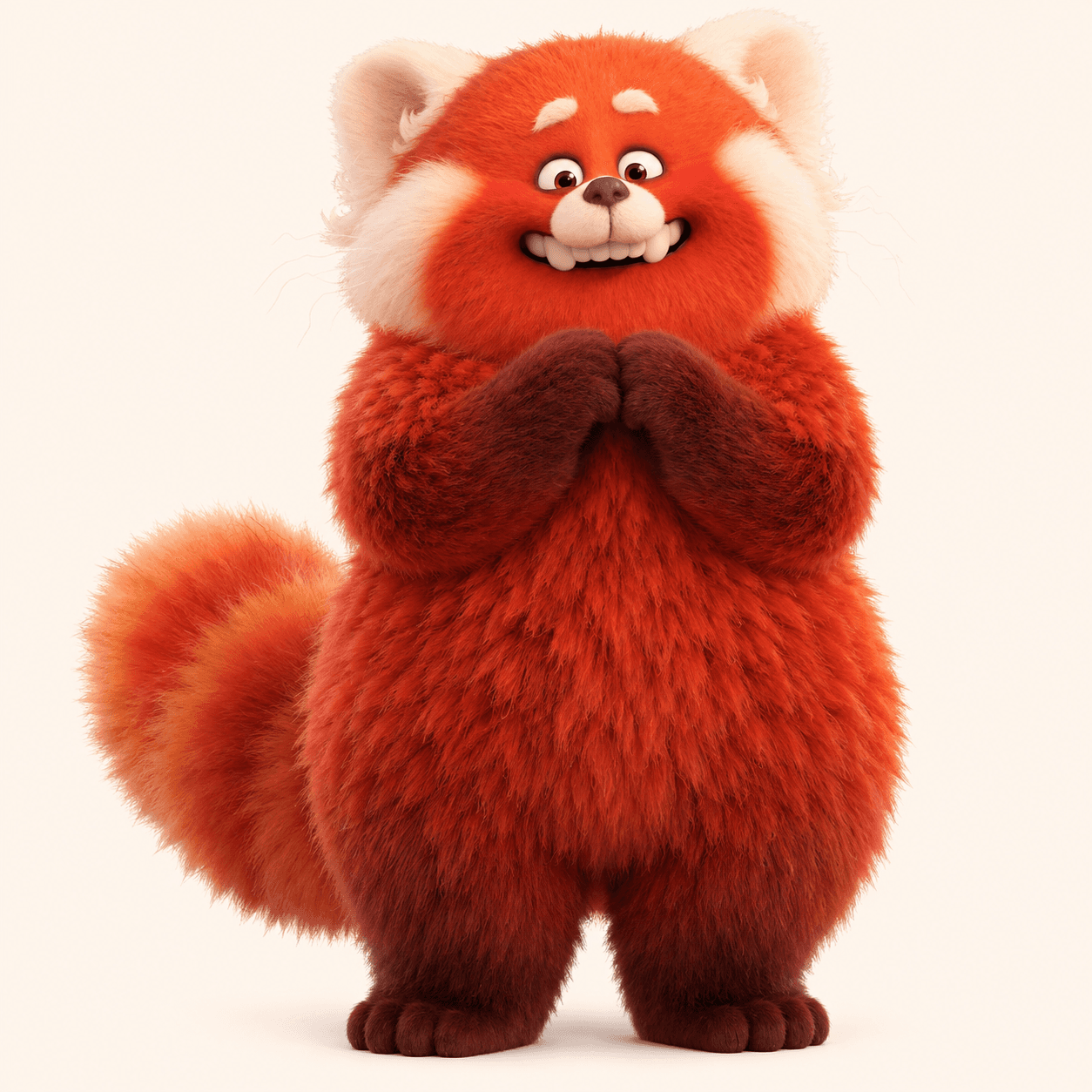 A big fluffy red panda with a friendly grin